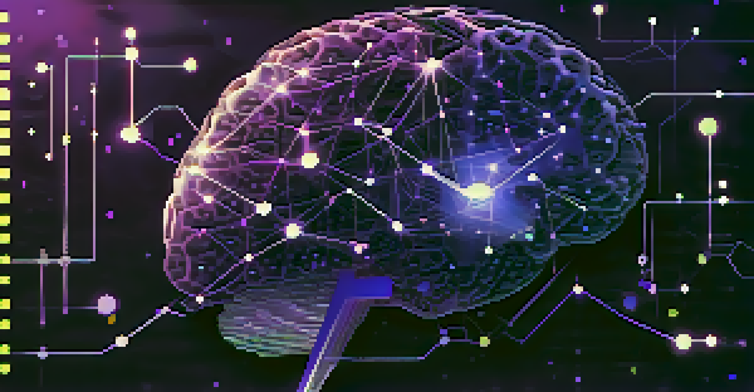 An abstract digital brain made of binary code and blockchain symbols representing AI-powered predictive analytics.