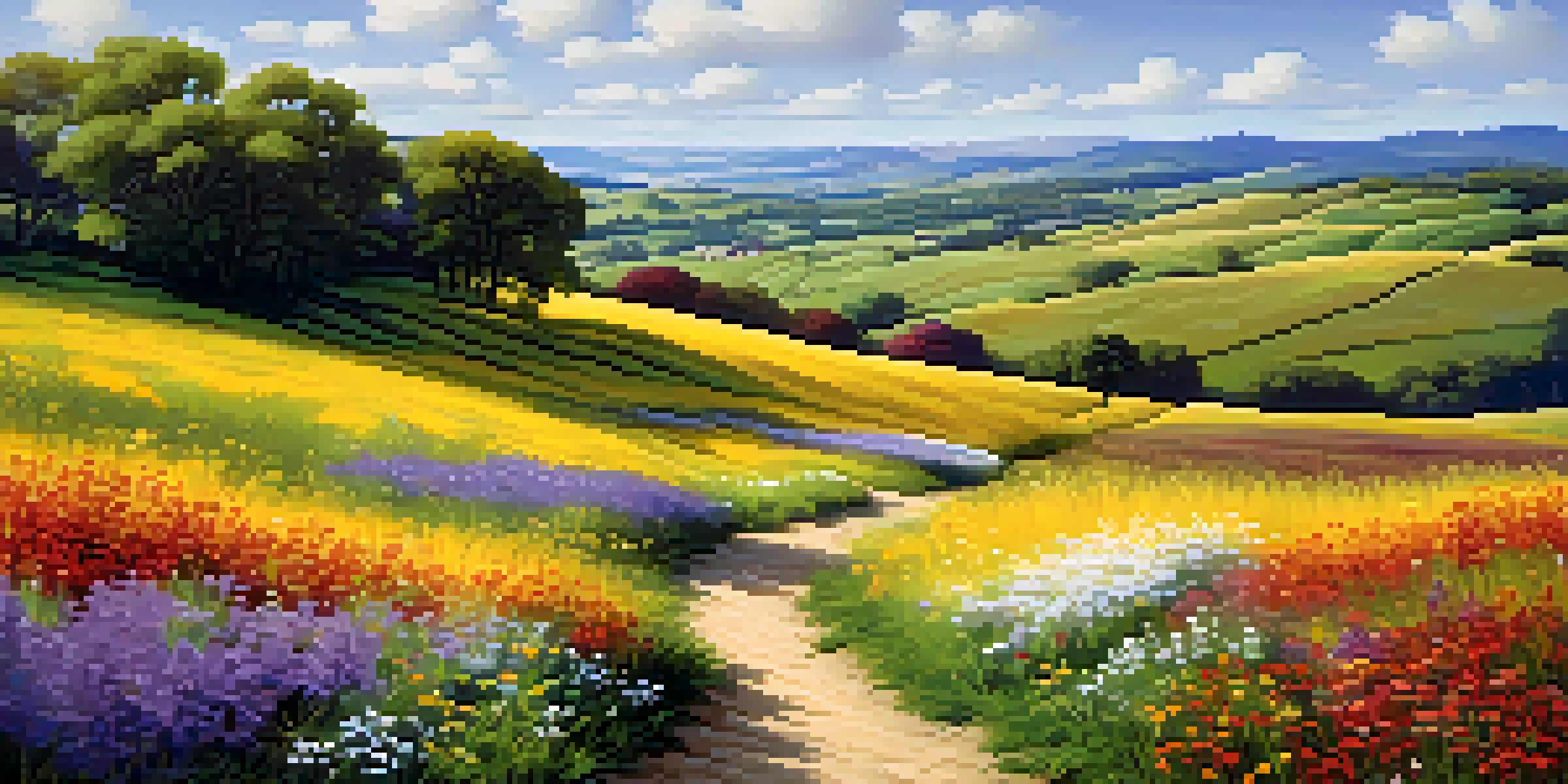 A picturesque landscape with colorful wildflowers, rolling hills, and a clear blue sky.