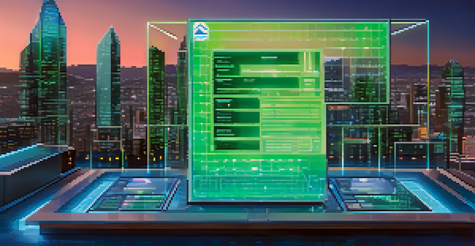 A digital interface showing a blockchain ledger for decentralized voting, with a futuristic city skyline in the background.
