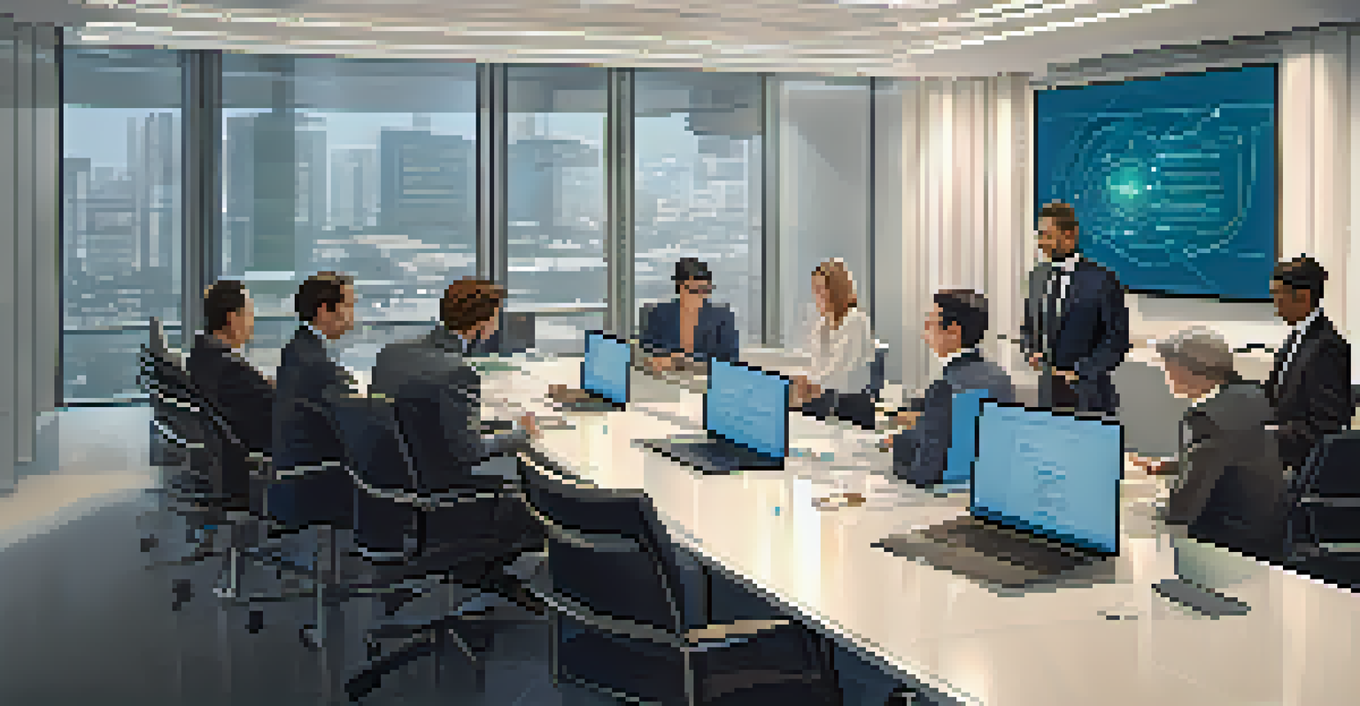 A diverse group of professionals in a meeting discussing self-executing contracts, surrounded by laptops and digital screens.
