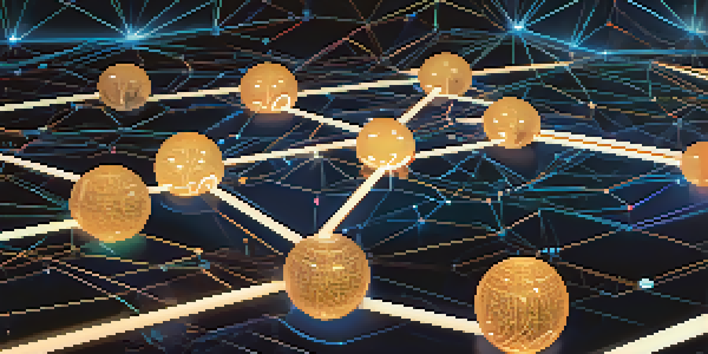 An artistic representation of a futuristic Ethereum blockchain with glowing tokens and interconnected lines on a dark blue background.