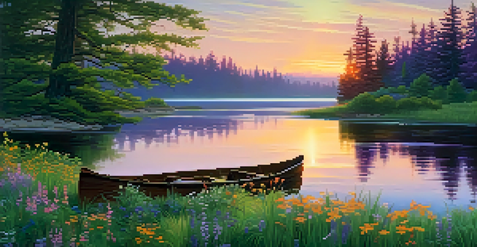 A picturesque sunset over a calm lake, with colorful reflections in the water and a wooden canoe floating nearby amidst green trees and wildflowers.