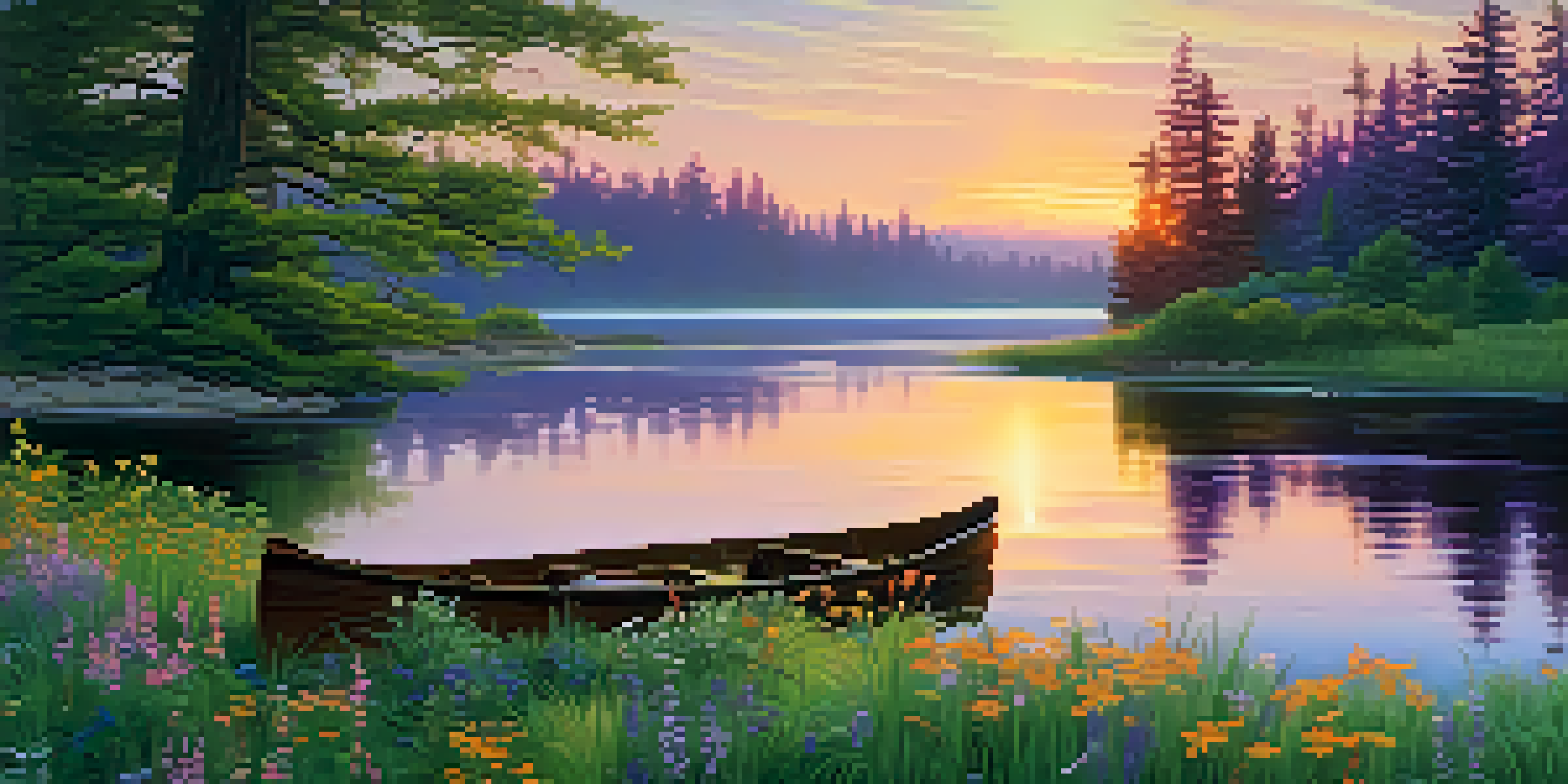 A picturesque sunset over a calm lake, with colorful reflections in the water and a wooden canoe floating nearby amidst green trees and wildflowers.