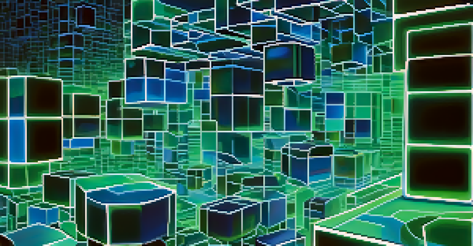 An abstract representation of blockchain technology with interconnected glowing blocks.