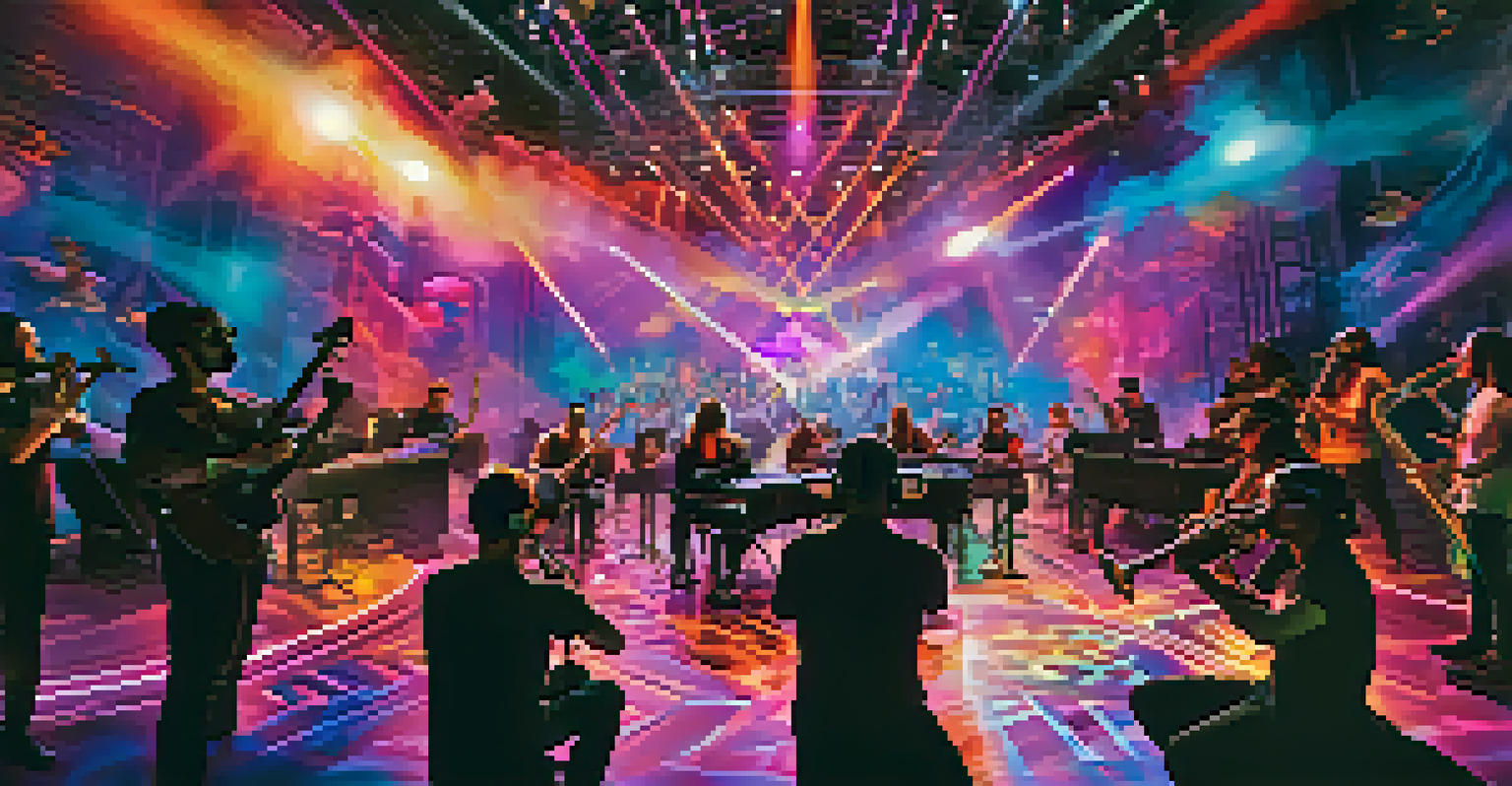 A virtual reality concert with musicians and an audience wearing VR headsets, surrounded by colorful visuals and digital art.