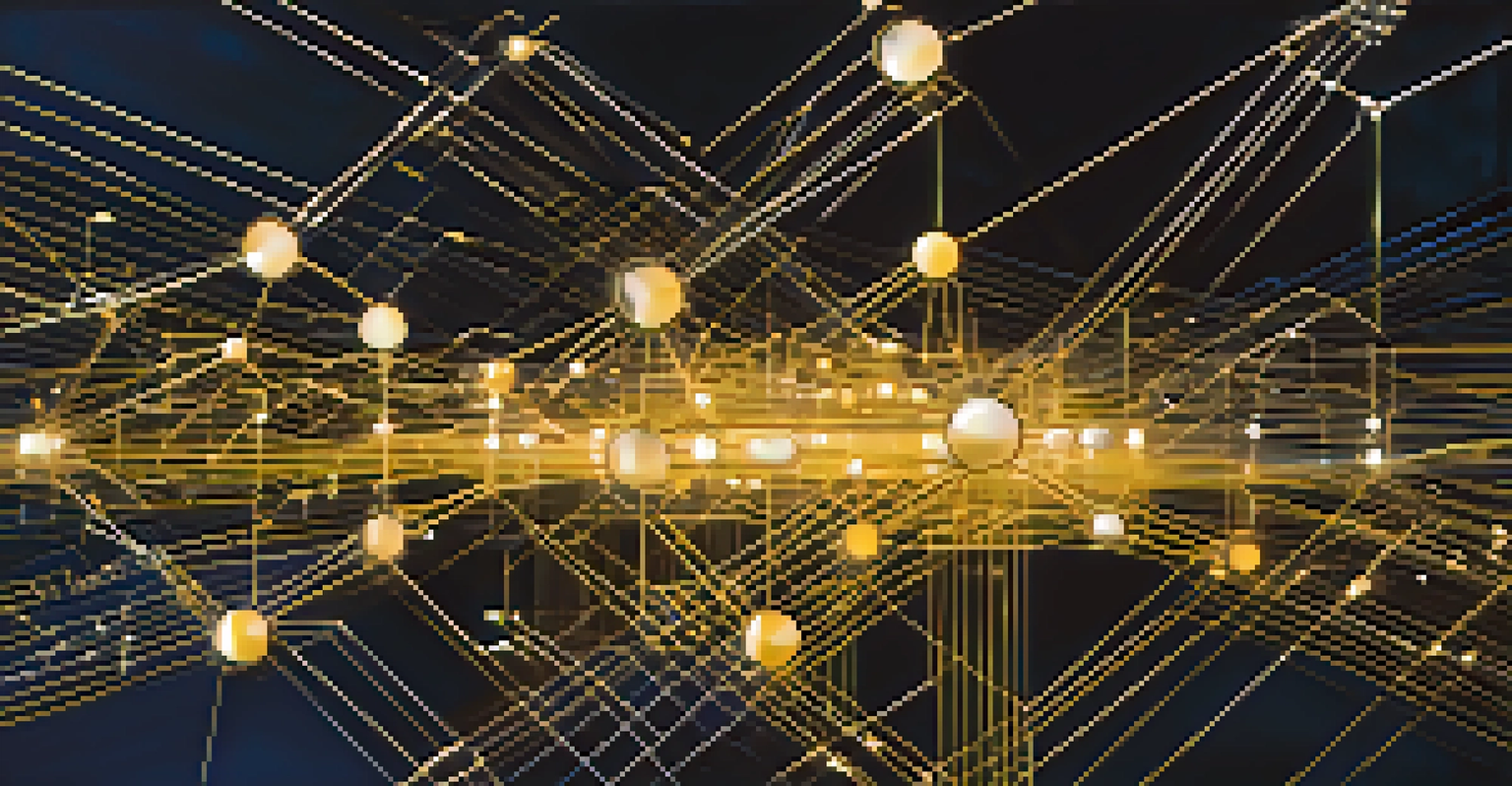 An abstract visualization of blockchain technology with interconnected nodes and channels, depicted in deep blue and gold colors.