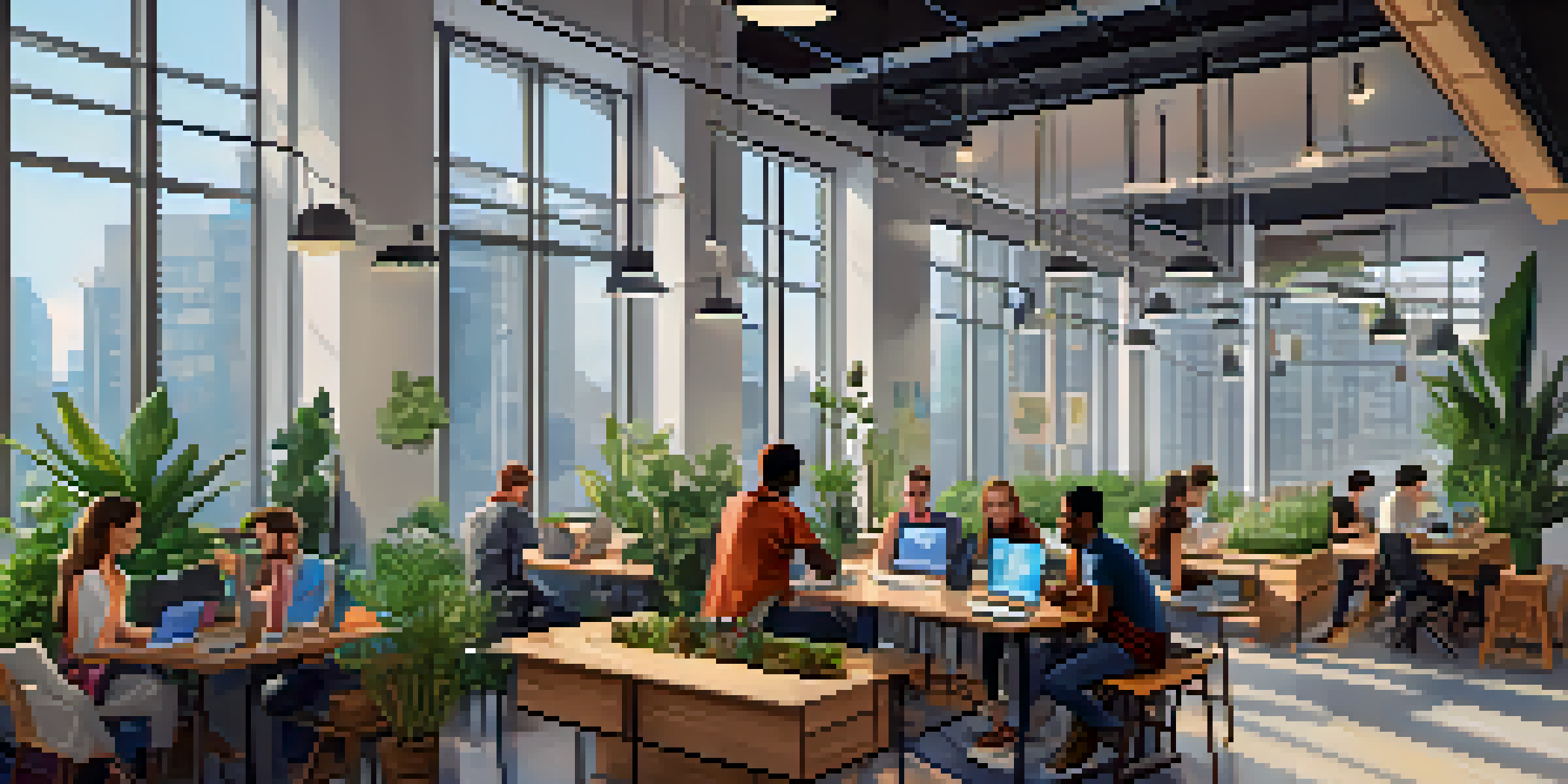 A modern coworking space filled with diverse developers working together on Ethereum projects, surrounded by tech gadgets and plants, illuminated by natural light.