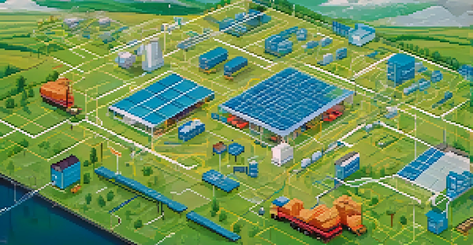 An illustration of a modern supply chain system with a digital map and blockchain nodes connecting farms, factories, and retailers.