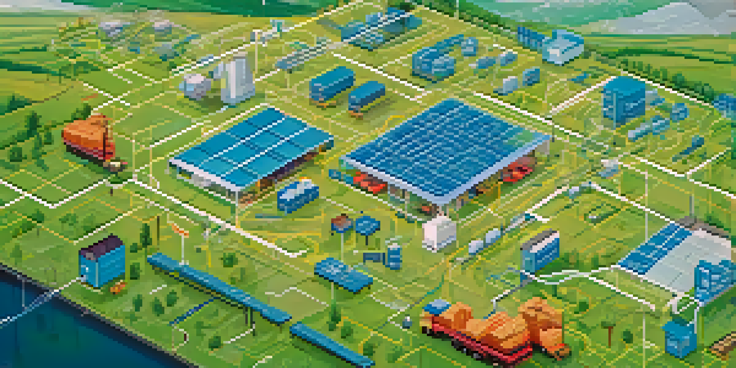 An illustration of a modern supply chain system with a digital map and blockchain nodes connecting farms, factories, and retailers.