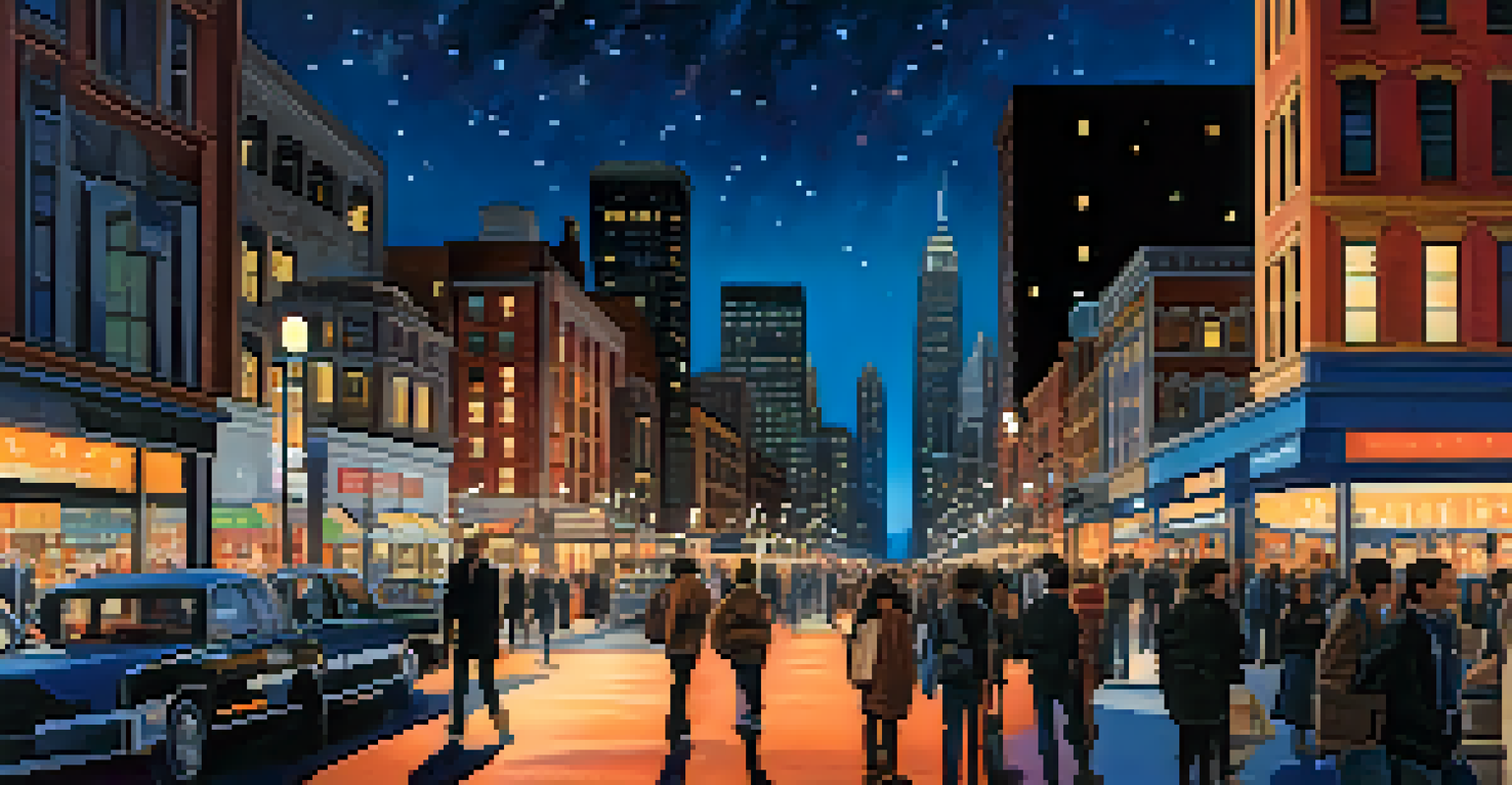 A vibrant city scene at dusk, showing illuminated skyscrapers, busy streets with pedestrians, and colorful storefronts under a transitioning sky from orange to deep blue.