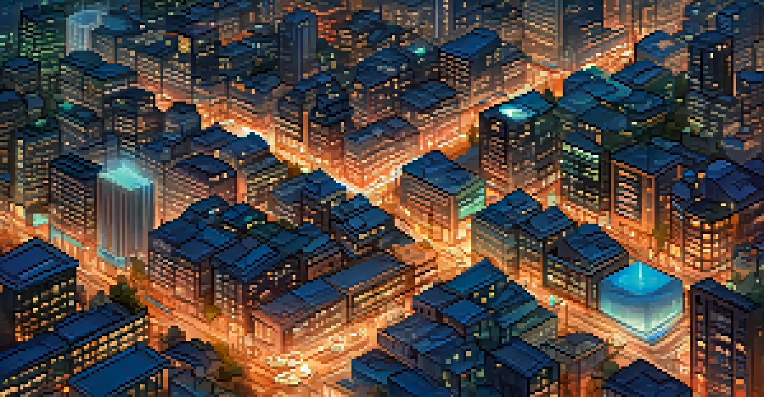 A vibrant smart city scene at dusk, showcasing IoT devices with Ethereum's blockchain overlay.