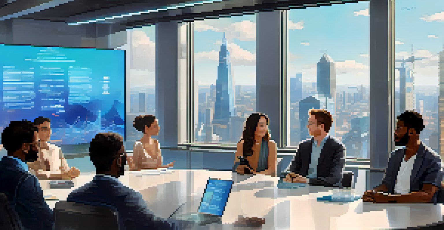 A diverse group of people discussing Ethereum proposals around a roundtable in a modern room with digital screens and a city skyline view.