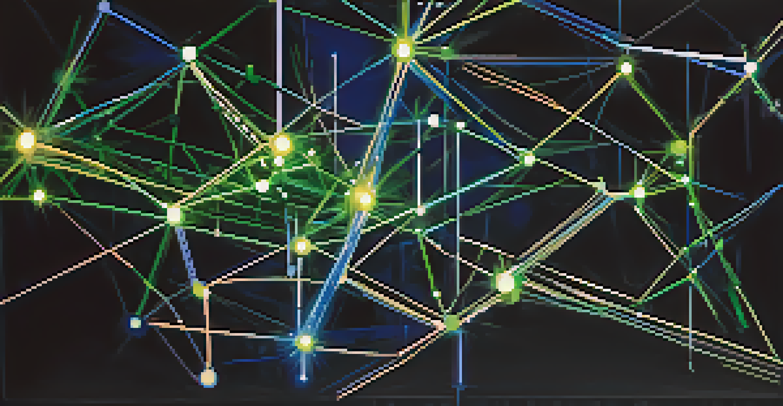 An abstract visualization of blockchain technology with glowing nodes and interconnected chains on a dark background.