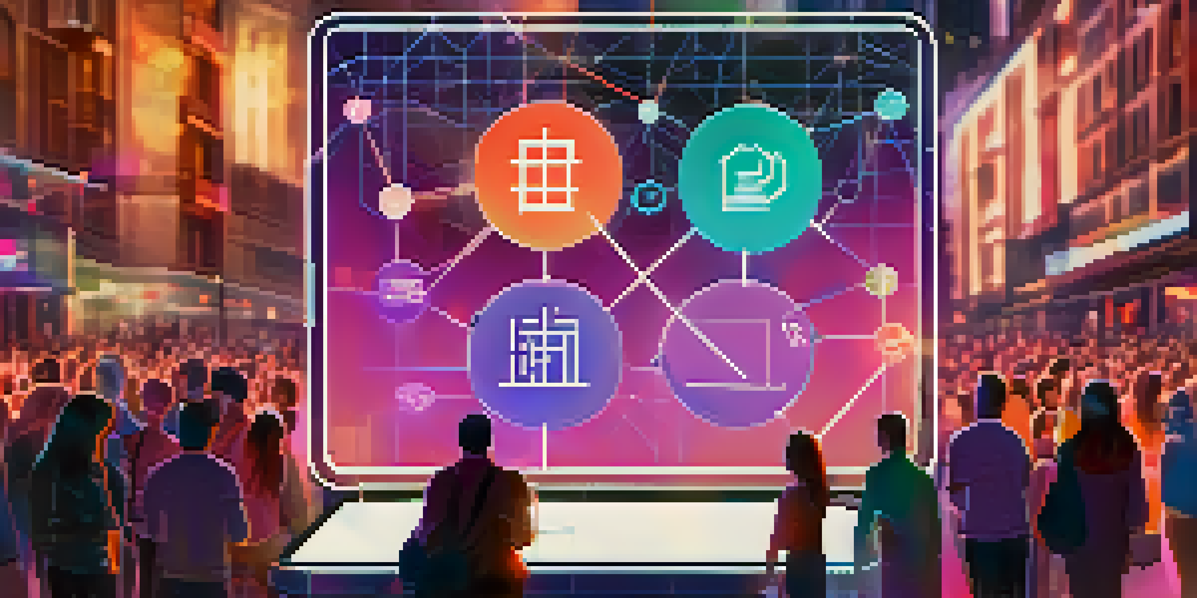 A digital device displaying a transparent blockchain ledger with colorful nodes, set against a blurred background of a charity event.
