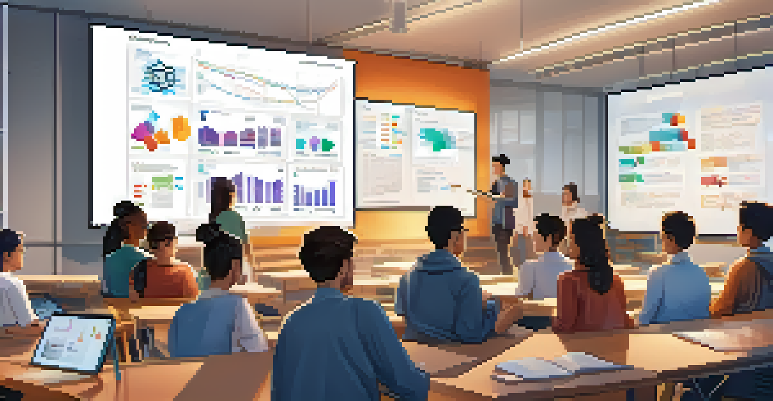 A classroom with students and a teacher discussing blockchain concepts on a digital screen, surrounded by modern technology.