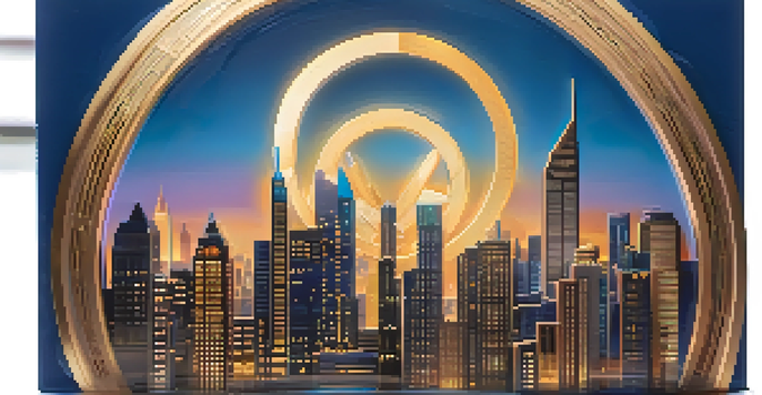 A glowing 3D digital token representing real estate, with a blurred city skyline in the background during dusk.