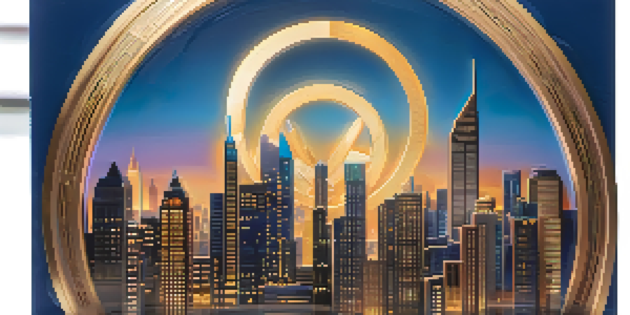 A glowing 3D digital token representing real estate, with a blurred city skyline in the background during dusk.