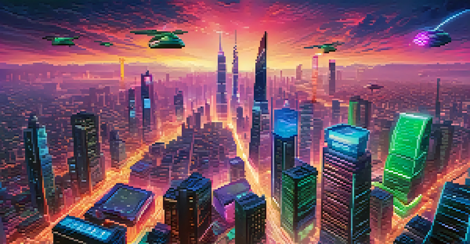 A futuristic cityscape at night showcasing digital screens with cryptocurrency values and vibrant neon lights in a lively atmosphere.