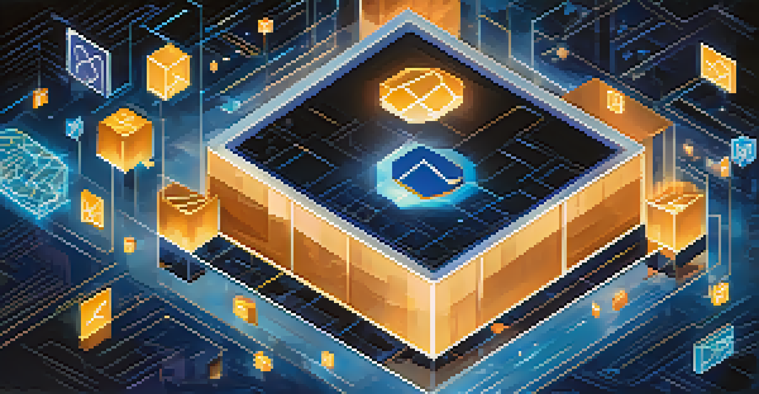 Abstract visualization of blockchain technology with glowing blocks and financial symbols in a starry background.
