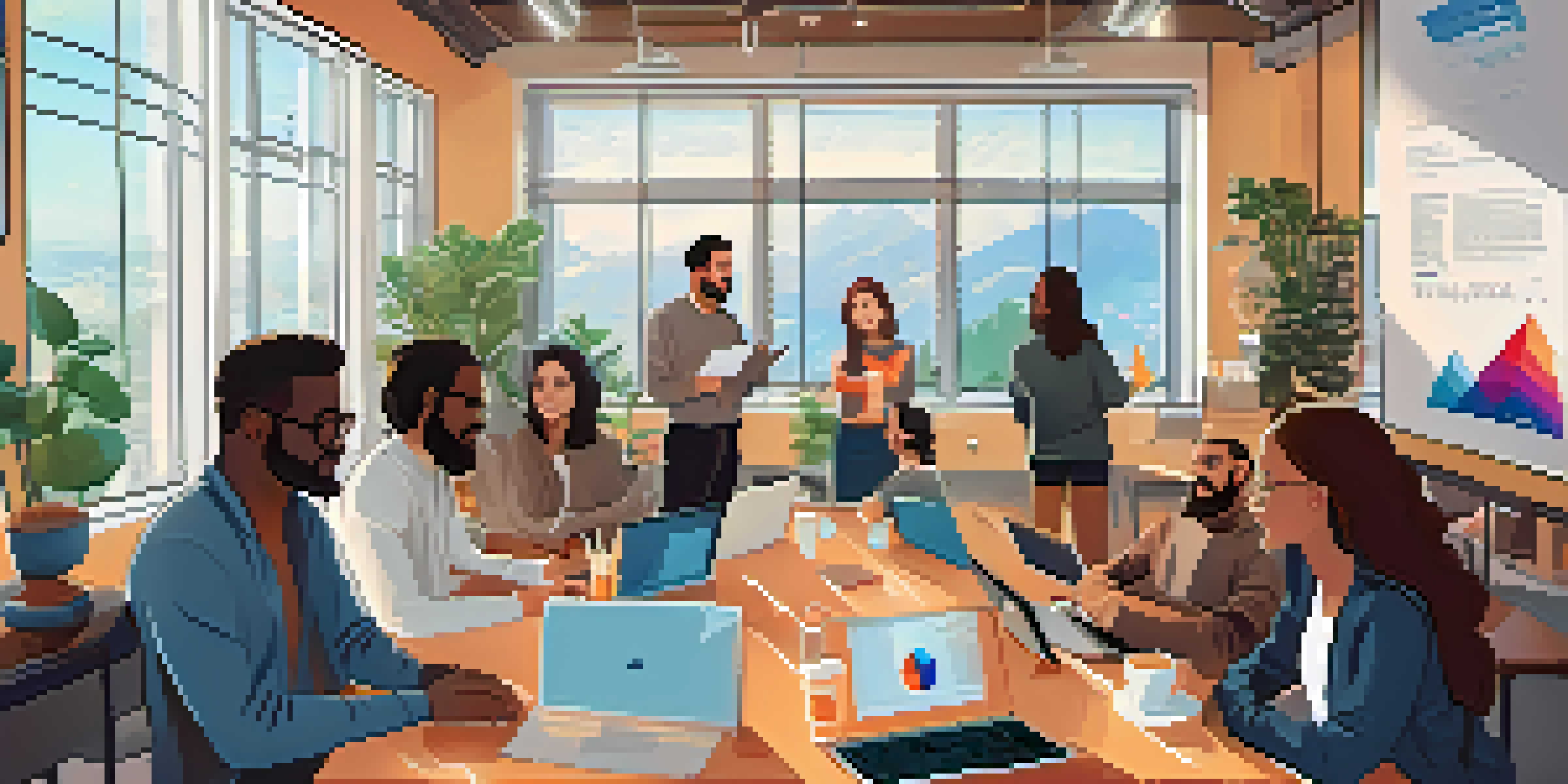 A diverse group of entrepreneurs collaborating in a bright startup workspace with laptops and coffee, surrounded by motivational posters and a whiteboard.
