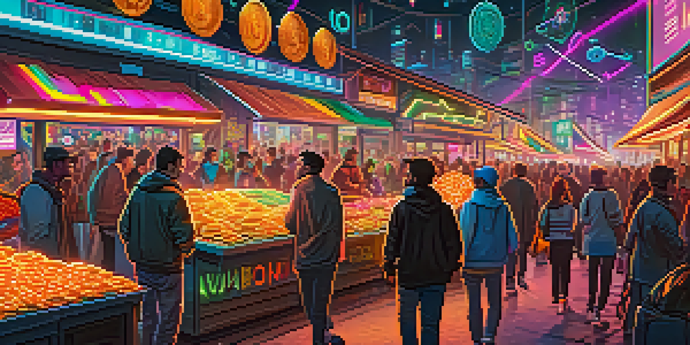 A vibrant digital marketplace at night with neon lights and cryptocurrency symbols, full of people engaging in transactions.