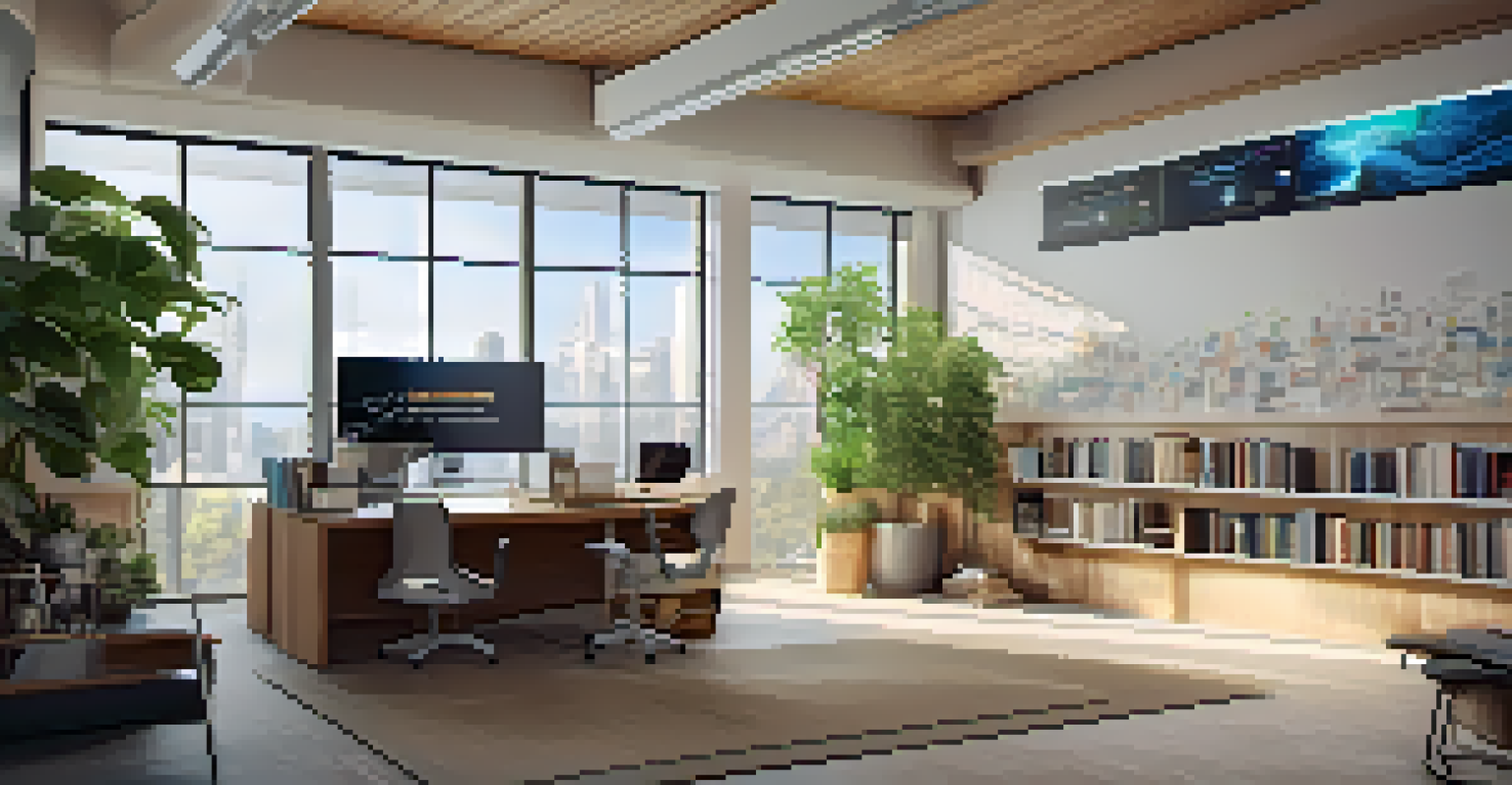 An advanced technology workspace with digital screens, ergonomic furniture, and a cozy reading nook.