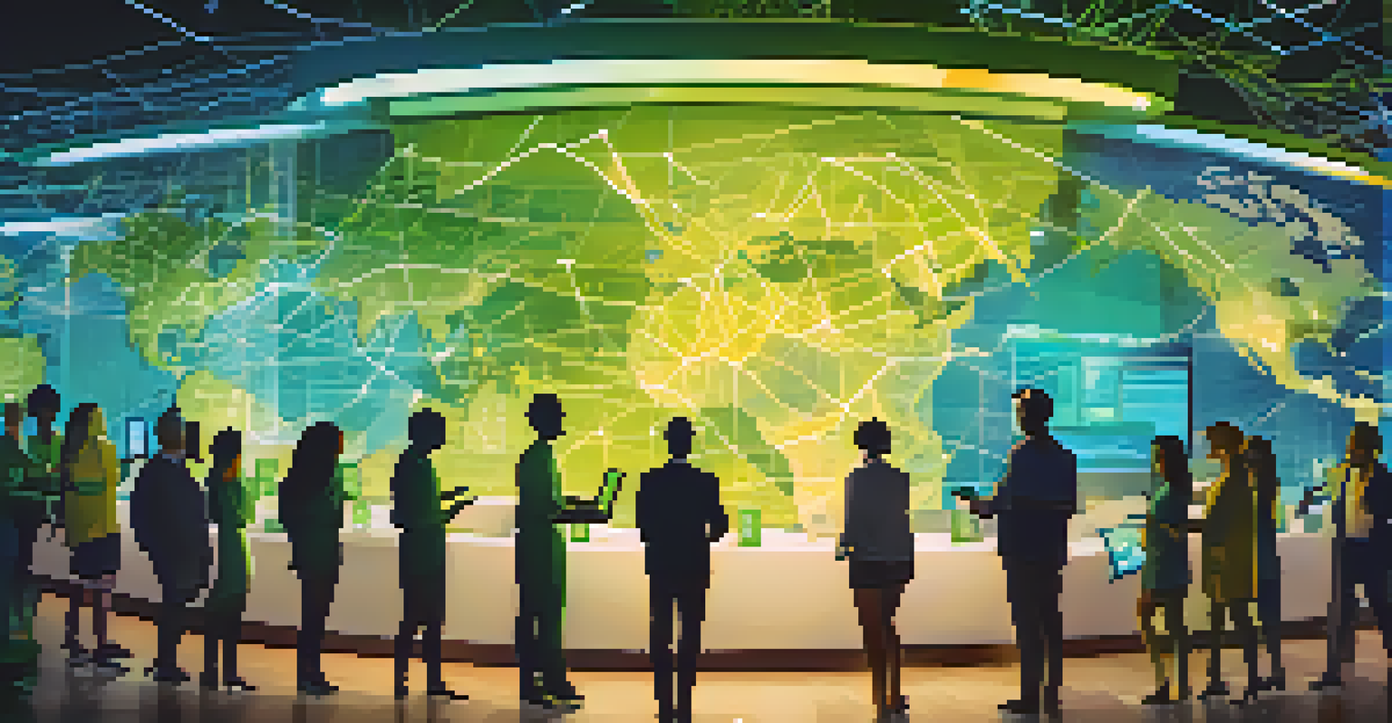 An illustration depicting a global marketplace with sellers and buyers interacting online, featuring a world map in the background.
