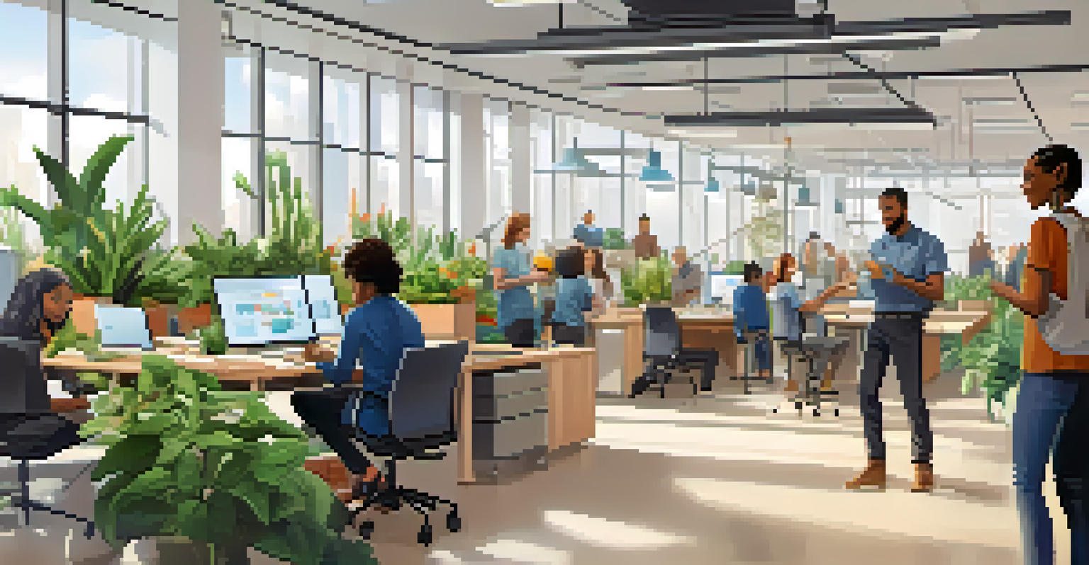 A diverse group of workers collaborating in a bright office, using digital devices to exchange tokens.