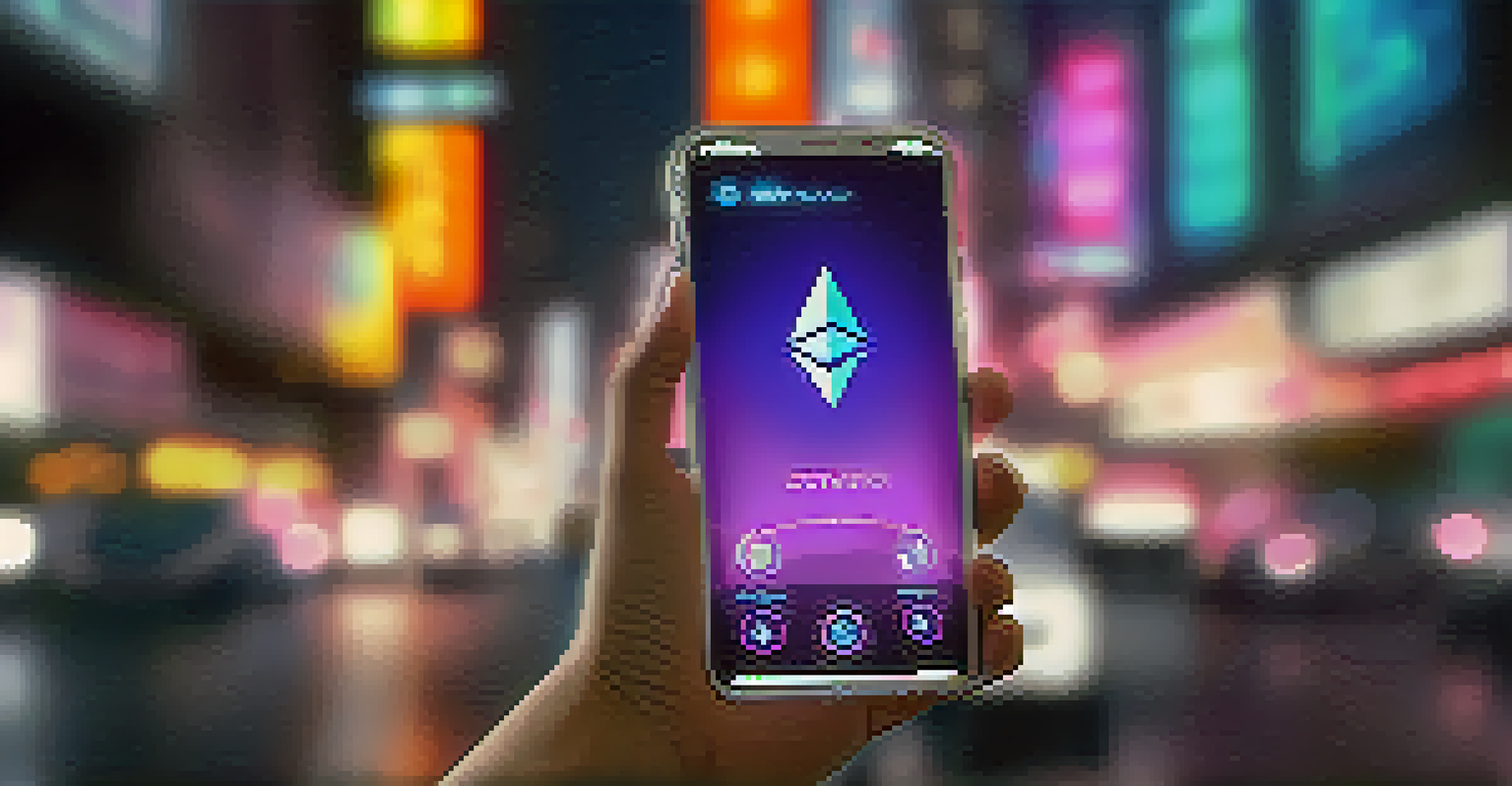 A close-up of a smartphone showing an Ethereum transaction against a blurred urban background.