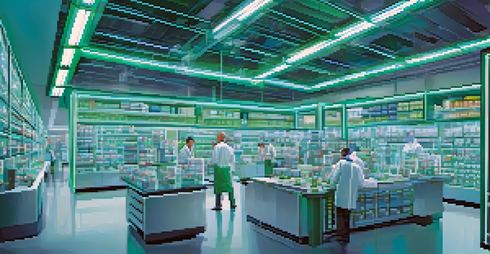 A detailed representation of a pharmaceutical supply chain with nodes for manufacturers, distributors, and pharmacies, showing medicine packages and people collaborating.