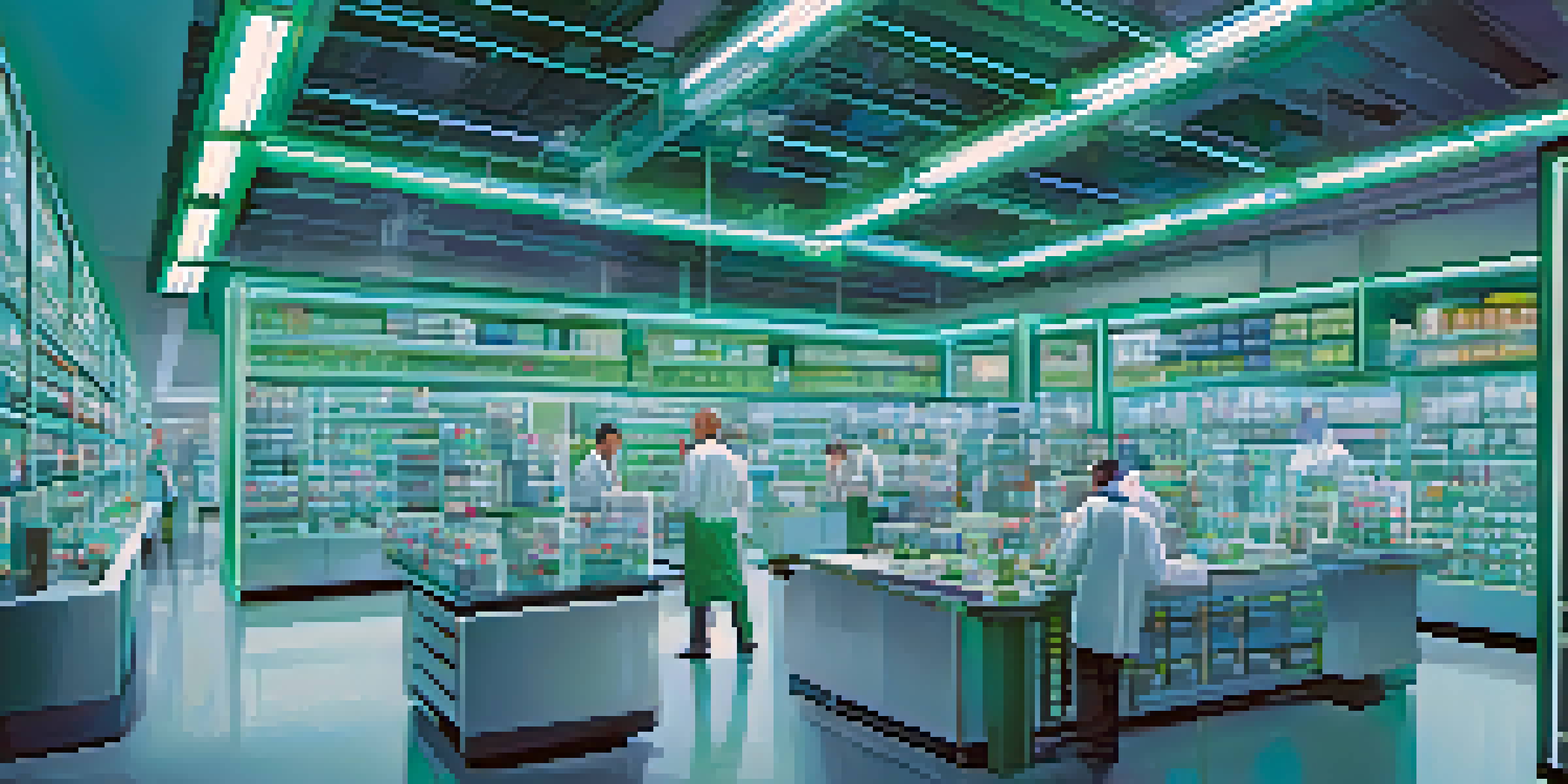 A detailed representation of a pharmaceutical supply chain with nodes for manufacturers, distributors, and pharmacies, showing medicine packages and people collaborating.