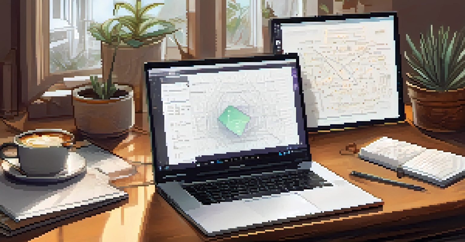 A workspace with a laptop showing Ethereum code, sketches of blockchain concepts, and a cup of coffee.
