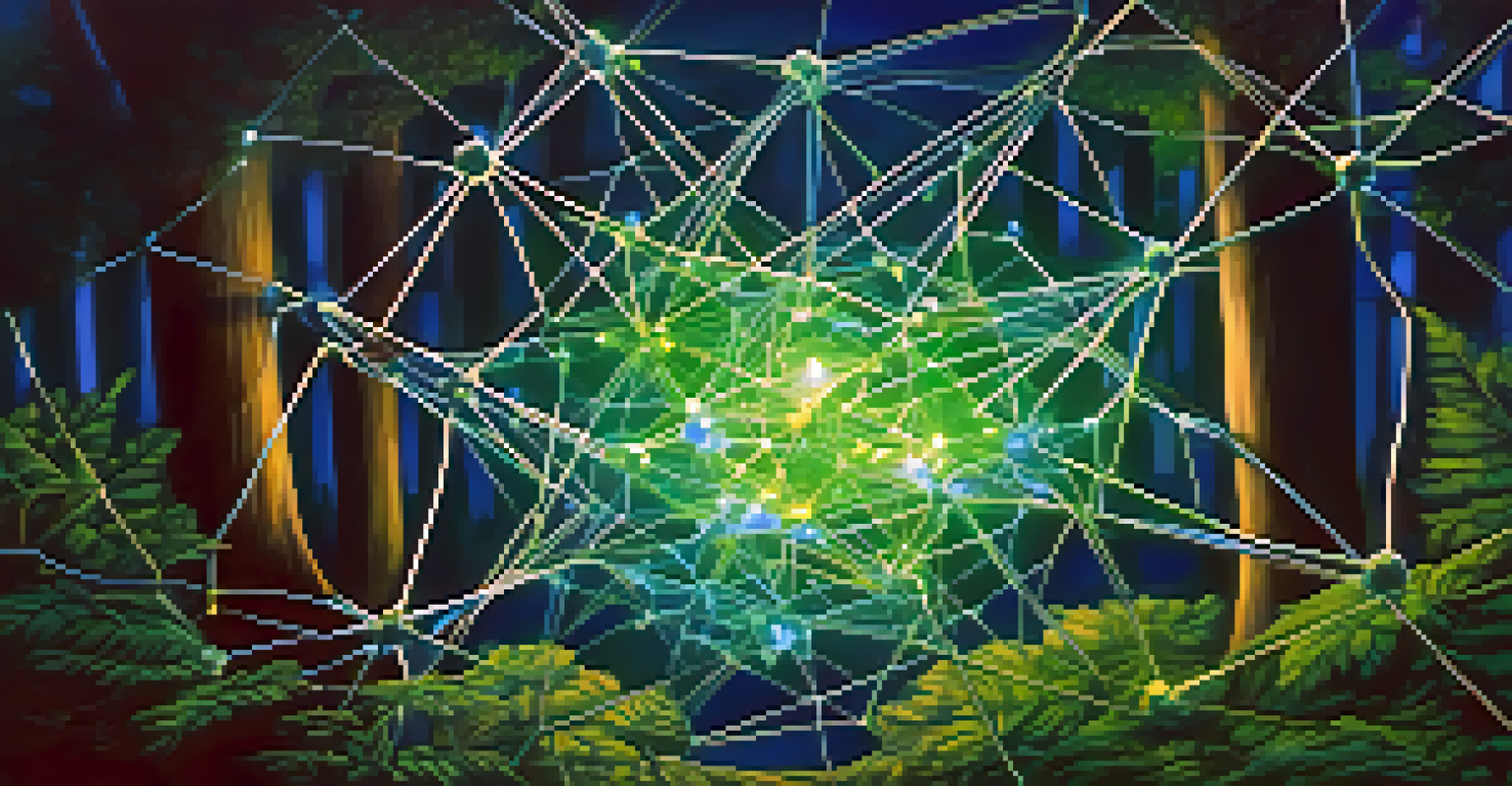 A glowing interconnected blockchain network surrounded by nature, with bright nodes and sunlight filtering through leaves.