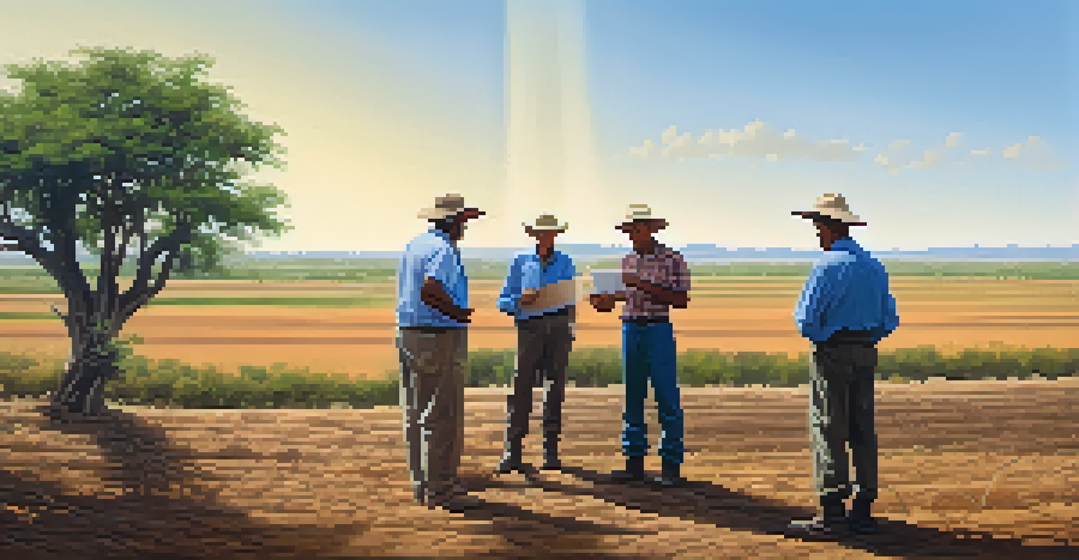Farmers collaborating in a drought-prone area to establish a decentralized insurance pool, with fields and a clear blue sky around them.