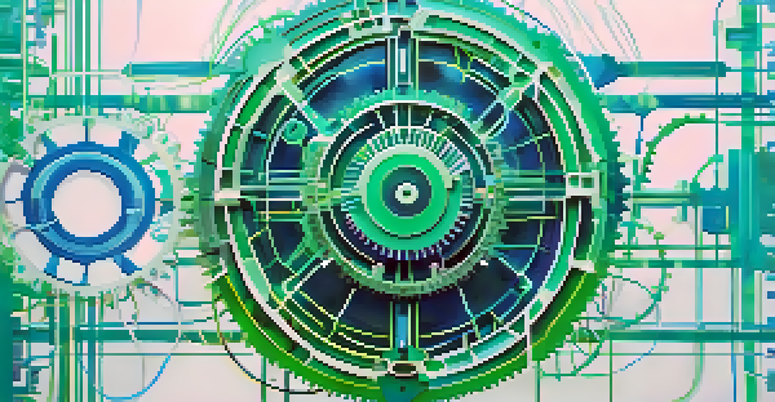 An abstract illustration of decentralized finance with gears and nodes connected by glowing lines on a blue and green gradient background.