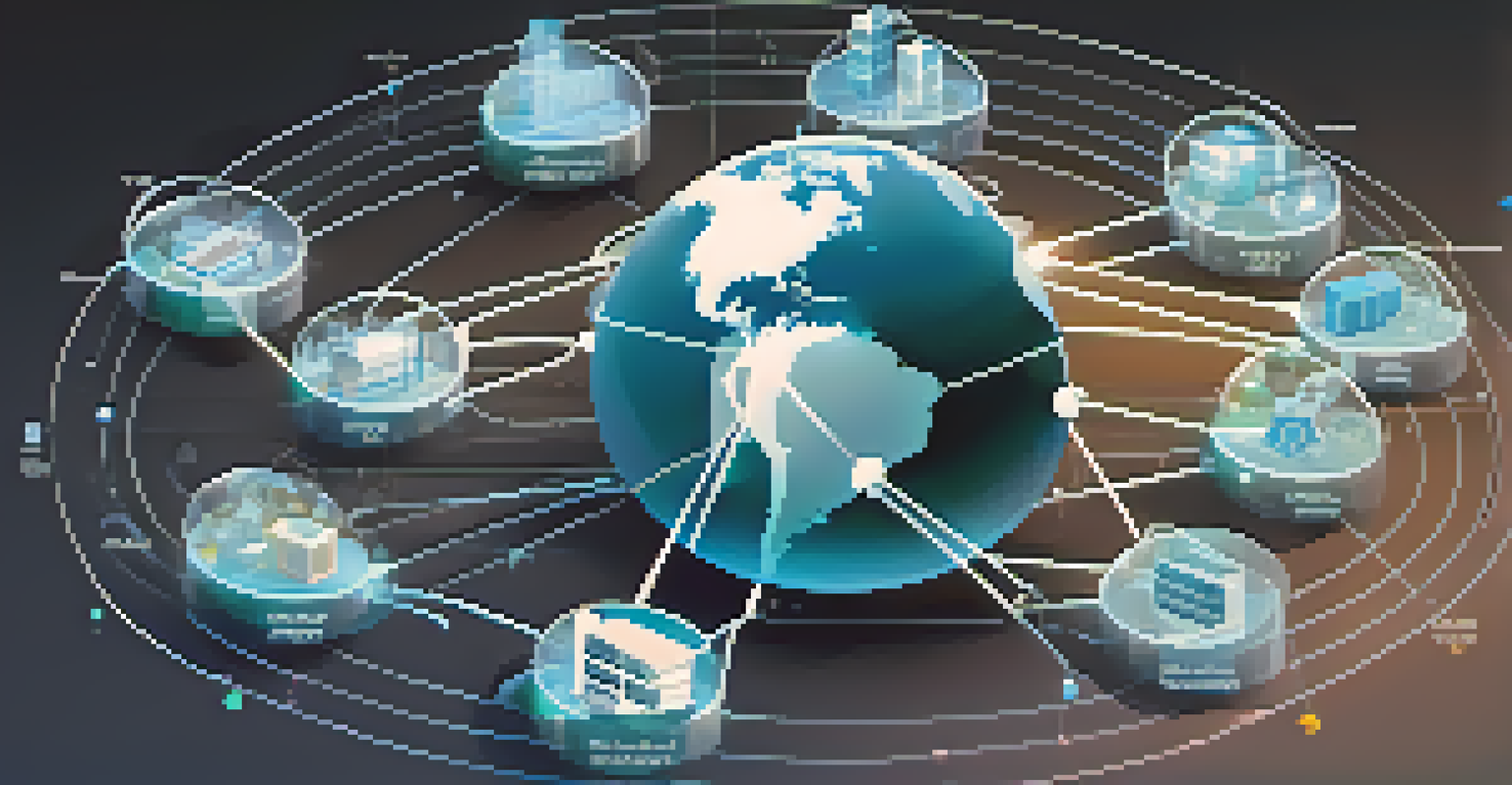 An illustration of a supply chain network with interconnected nodes and icons representing data and logistics, set within a transparent globe.