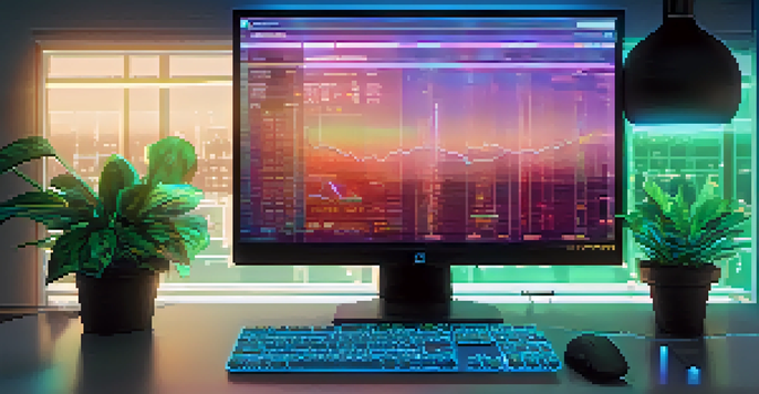 A modern office with a computer displaying a detailed Ethereum mainnet interface, showing a public ledger with glowing blue and green transactions.