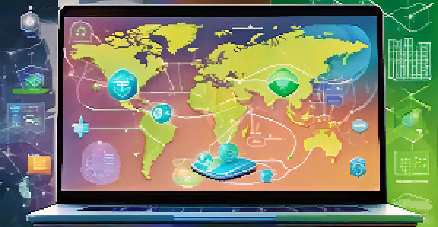 A futuristic laptop interface showcasing decentralized educational resources against a global map background.