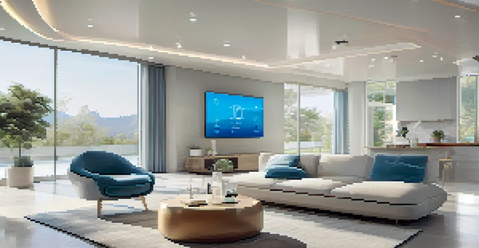 A modern smart home interior with integrated IoT devices, natural light, and a cozy atmosphere.