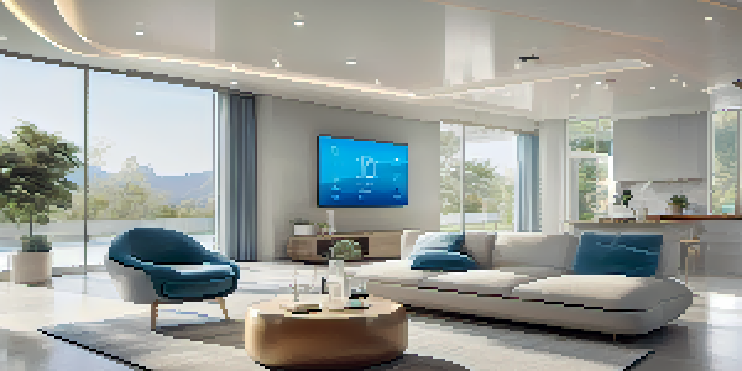 A modern smart home interior with integrated IoT devices, natural light, and a cozy atmosphere.