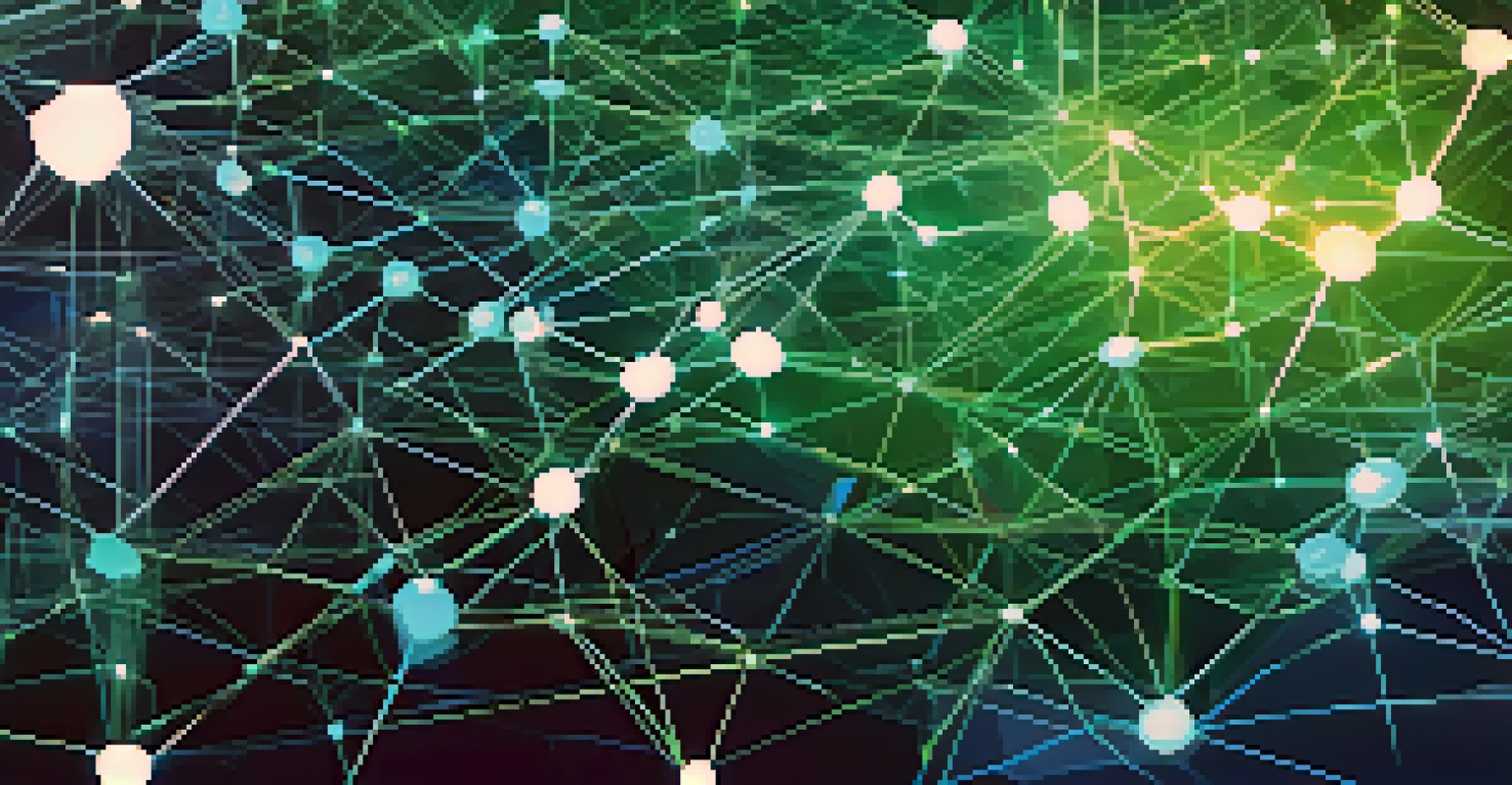 An artistic depiction of blockchain technology with interconnected nodes and glowing lines in blue and green shades.