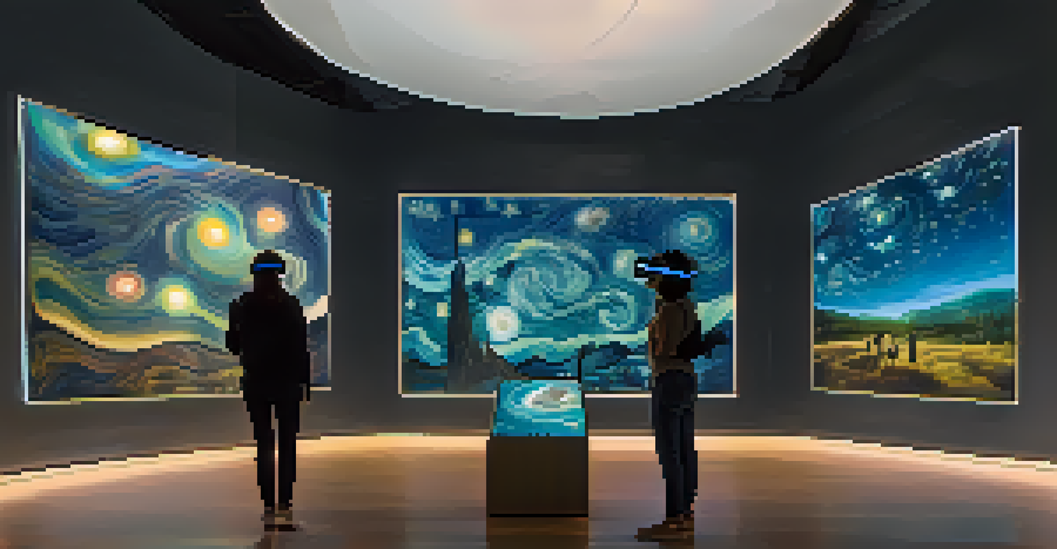 A virtual reality gallery with floating digital artworks and people exploring with VR headsets, under a starry night sky.