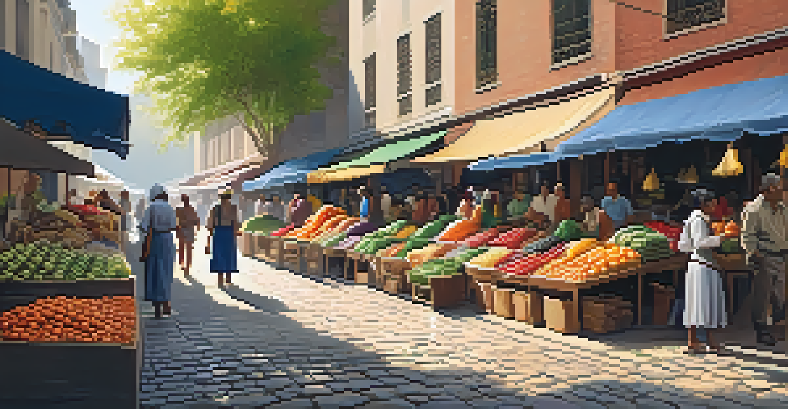A lively street market with colorful stalls selling fruits, vegetables, and crafts, with people shopping and sunlight casting shadows.