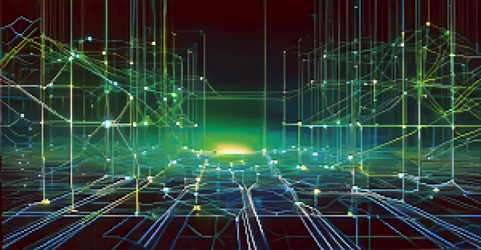 An abstract image of a blockchain network with glowing nodes and chains against a dark background, illustrating data connections.