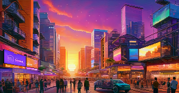 A colorful virtual city representing the Ethereum metaverse with diverse buildings and people interacting in augmented reality under a sunset sky.