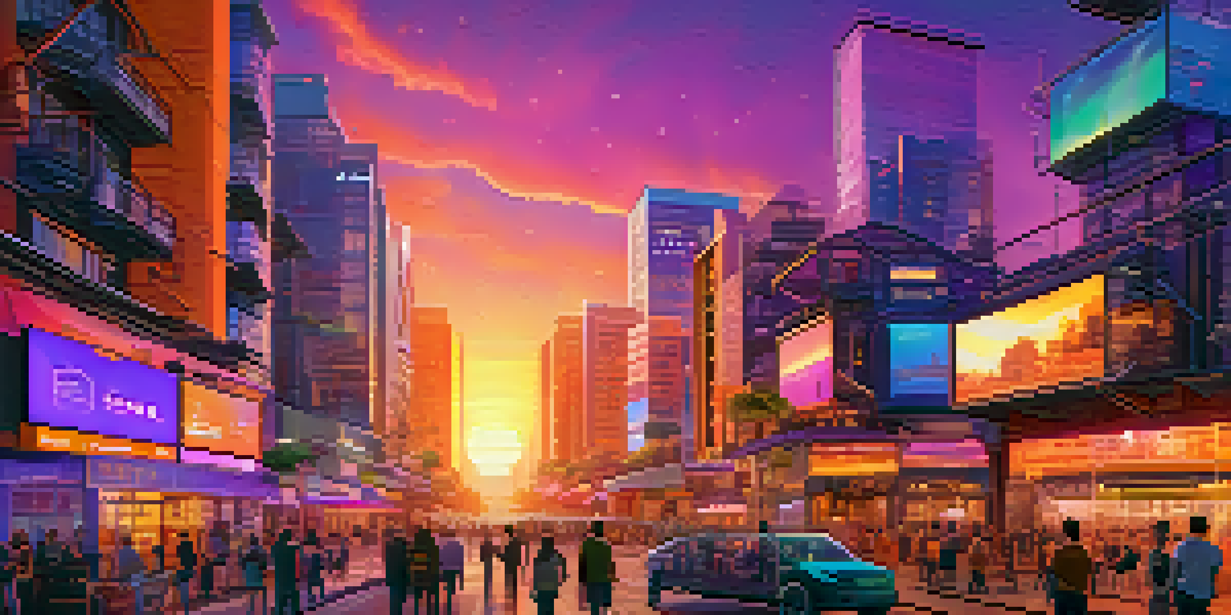 A colorful virtual city representing the Ethereum metaverse with diverse buildings and people interacting in augmented reality under a sunset sky.
