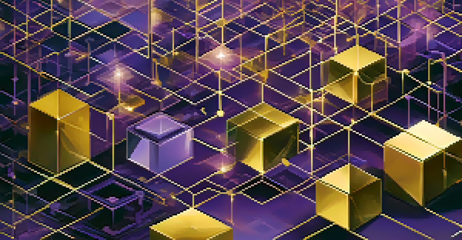 An abstract artwork illustrating synthetic assets through geometric shapes and a blockchain network background in purple and gold colors.