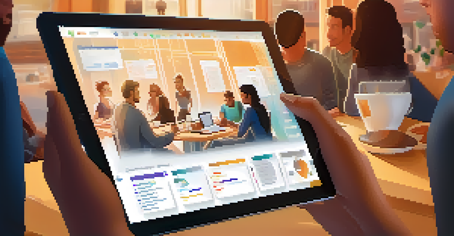 A close-up of a smart contract interface on a tablet surrounded by diverse hands in discussion, set in a cozy café with warm lighting.