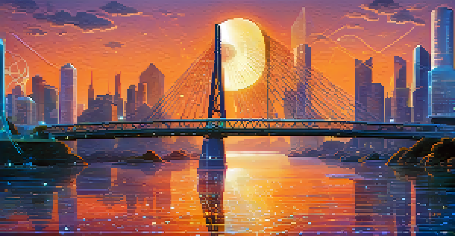 An oracle depicted as a bridge connecting a digital blockchain landscape to a natural environment with regulatory documents, illuminated by bright light.
