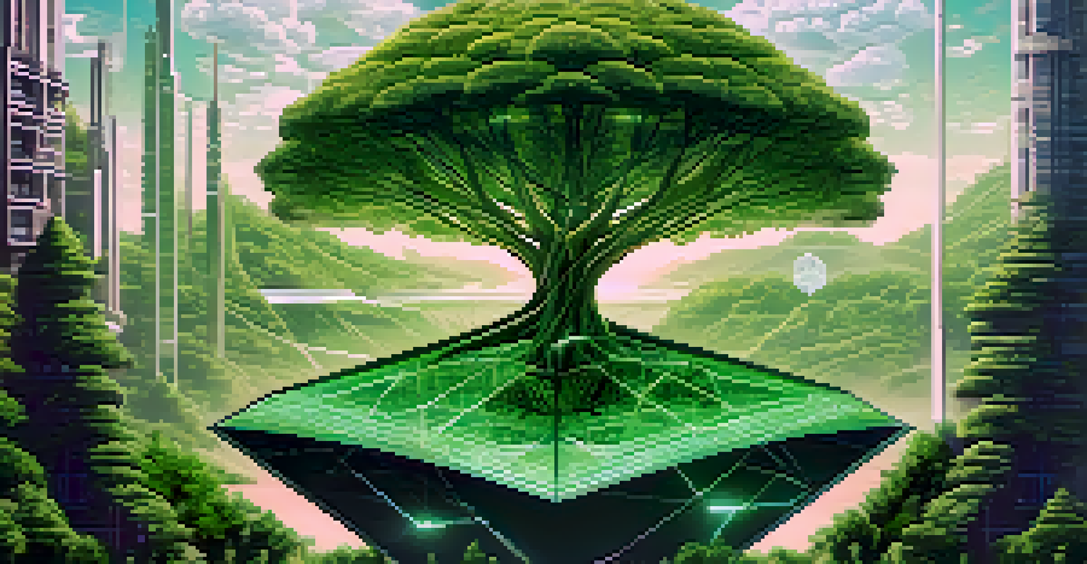A digital landscape showcasing Ethereum's logo surrounded by green elements like trees, symbolizing technology and sustainability.